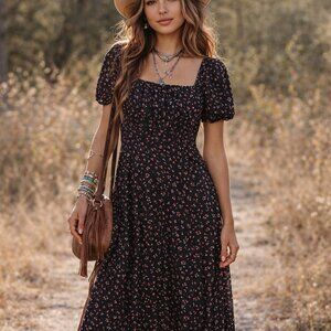 Women’s L Black/Red Floral Milk Maid Dress Side Split Square Neckline Midi Dress